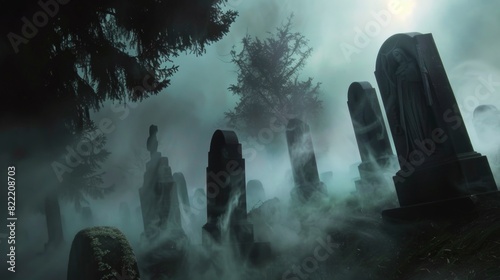 A graveyard with foggy surroundings and a large statue of a woman. The atmosphere is eerie and mysterious