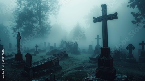 A cemetery with a foggy atmosphere and a cross in the middle. The cemetery is full of gravestones and crosses