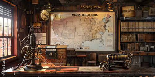 The Stagecoach Relay Station: A functional and efficient workspace designed for quick exchanges between stagecoach drivers. It features a large map of the American West, a telegraph machine, and a rep