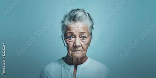 Cyan background sad European white Woman grandmother realistic person portrait of young beautiful bad mood expression Woman Isolated Background depression anxiety fear burn out health issue problem me