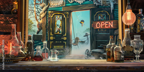 The Honky-Tonk Saloon: A playful desk with a vintage saloon theme, complete with a painted backdrop of a swinging saloon door and a neon "OPEN" sign. It features a collection of antique bottles and gl