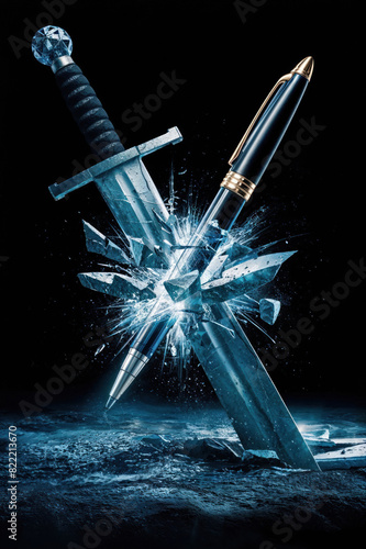 the pen is mightier than the sword concept art. Pen shattering a sword into pieces. Pen breaking the blade. Based off Edward Bulwer-Lytton 1839 play 'Richelieu; Or the Conspiracy.'