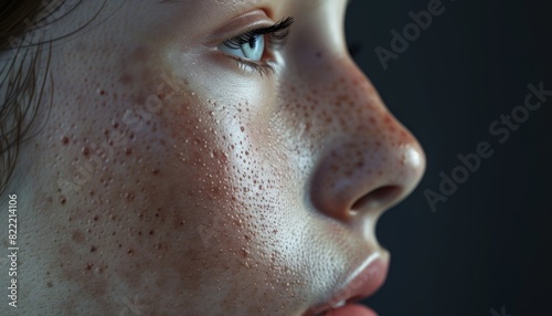 Close-up side view of the face of a person with acne, showing detailed skin texture and prominent facial blemishes.