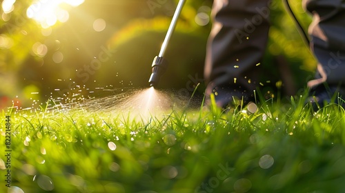 Worker spraying pesticide on a green lawn outdoors for pest control: 