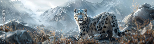 Photo realistic image of a Snow leopard hunting in the mountains, showcasing its agility and stealth in a rugged landscape Adobe Stock Concept