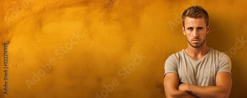 Gold background sad european white man realistic person portrait of young beautiful bad mood expression man Isolated on Background depression anxiety