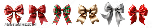 Set of Christmas bow and ribbon decoration on transparent PNG background, Colorful Christmas bow and ribbon isolated on PNG background