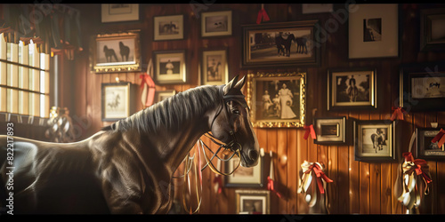 Equestrian Excellence: Walls adorned with ribbons, trophies, and photographs celebrating the owner's equestrian accomplishments