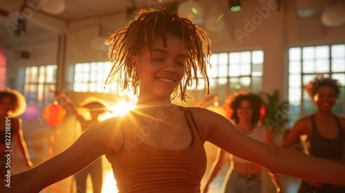 Non-binary person participating in a dance class with friends