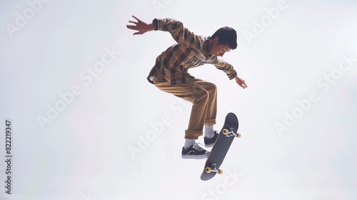 Man is playing stylish skateboard jumping ollie isolated white background