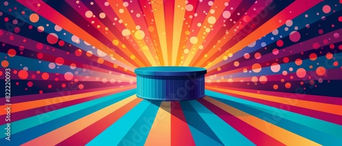 3D rendering, Blue podium with a spotlight shining down on it. Colorful background abstract design with bright rays of light emanating from the center.