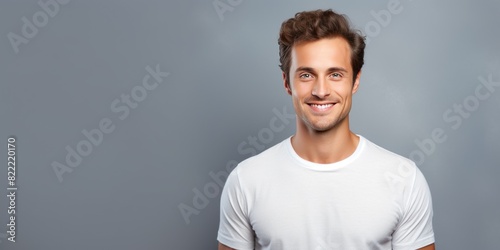 Gray background Happy european white man realistic person portrait of young beautiful Smiling man good mood Isolated on Background Banner 