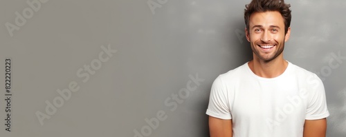 Gray background Happy european white man realistic person portrait of young beautiful Smiling man good mood Isolated on Background Banner 
