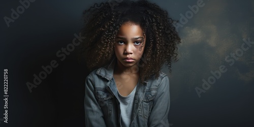 Gray background sad black American African child Portrait of young beautiful kid Isolated Background racism skin color depression anxiety fear burn out 