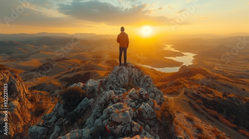 A man standing on top of a mountain at sunrise, overlooking a wide valley landscape with golden light