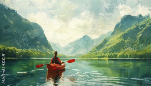 A woman in a kayak on a calm river between green mountains, back view