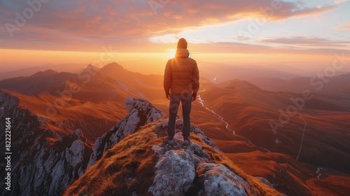 Man standing on top of mountain at sunrise, wide angle lens, beautiful landscape, stunning view