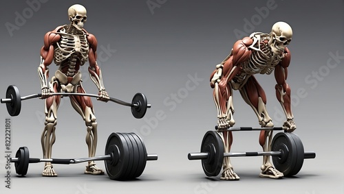 The image shows a skeleton with muscles doing a deadlift.