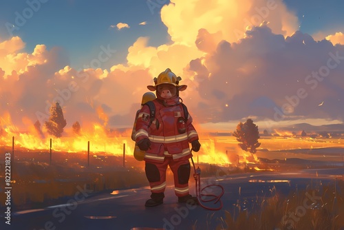 cartoon illustration, a firefighter cow