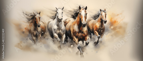 Horses running, canvas painting, panoramic, generated ai 