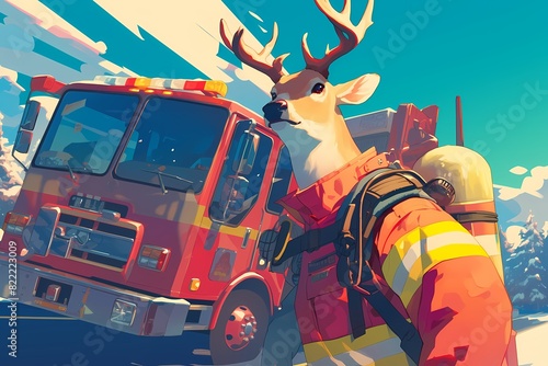 cartoon illustration, a firefighter deer