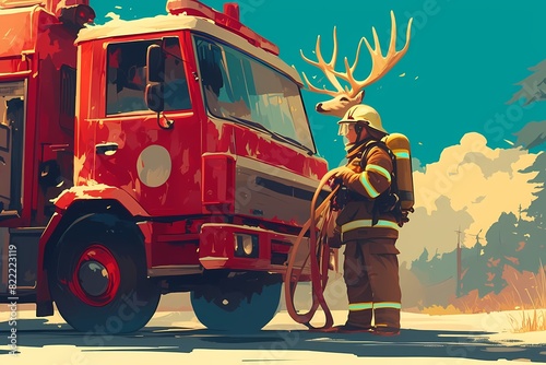 cartoon illustration, a firefighter deer
