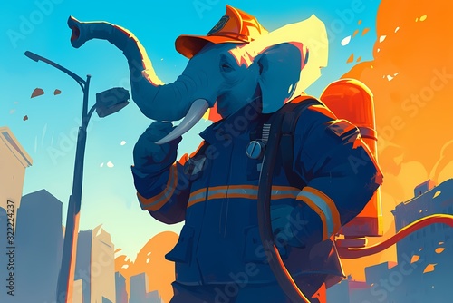 cartoon illustration, a firefighting elephant