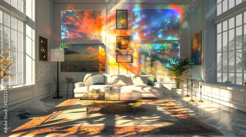 A modern living room filled with vivid digital art projections on a sunny day, showcasing a fusion of technology and interior design.