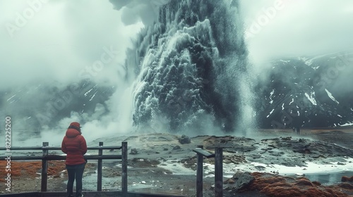 A tourist watching a geyser eruption from a safe distance behind a viewing platform,