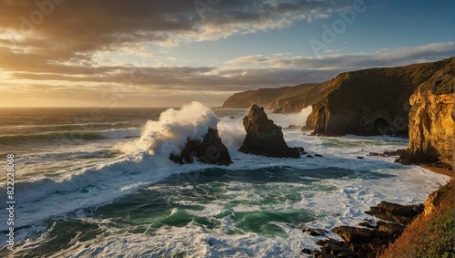 The image depicts a rough ocean with large waves crashing against a rocky cliff. The sky is yellow and the sun is setting.