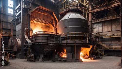 There are two large, cylindrical steel vessels with flames coming out of their bases. They are in an industrial building with a lot of machinery and pipes.