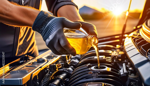 Close-up of hand with a work glove of a mechanic, pouring a bottle of oil in car engine. At sunset or sunrise, backlit. Engine oil change concept. Generative Ai.