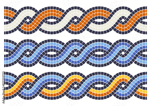 Interlacing of mosaic lines, seamless pattern with two interweaving tiles lines, portuguese style mosaic pigtails, vector