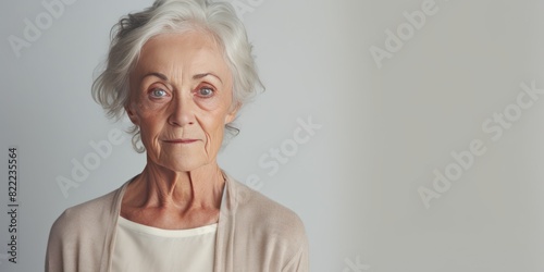 Ivory background sad European white Woman grandmother realistic person portrait of young beautiful bad mood expression Woman Isolated Background