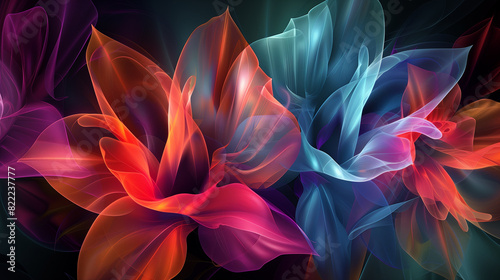 Colorful abstract superimposed light in 3d semi-transparent botanical illustration.