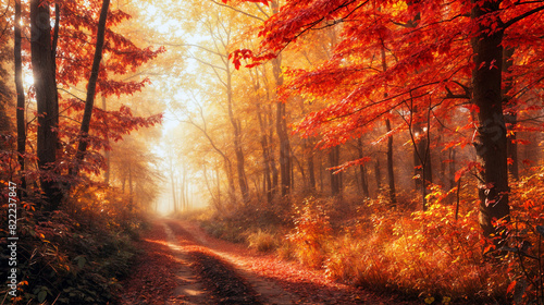 Autumn forest pathway with vibrant red, orange, and yellow foliage, sunlit trees, and a tranquil, scenic atmosphere, capturing the beauty of fall in a serene, natural setting.