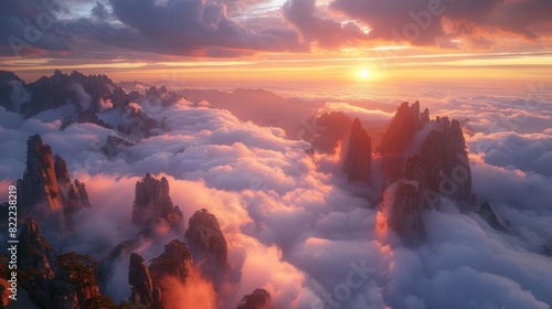 Mount Huangshan, sunrise view, sea of clouds, dramatic landscape 