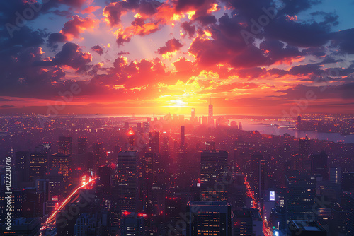 An establishing shot of a cityscape at sunset. The warm colors of the sky and the lights of the city create a beautiful and vibrant scene.