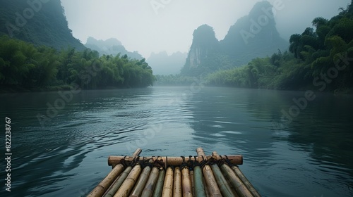 Li River in Guilin, serene waterway, limestone karsts, traditional bamboo rafts 
