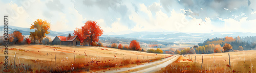 A beautiful watercolor painting of an autumn landscape