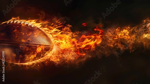 A vividly detailed image of a burning American football ball captured as it moves rapidly on a floodlit field, set against a black background to accentuate its fiery trajectory