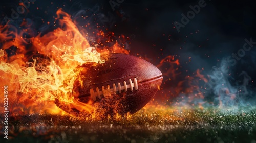 An intense photorealistic scene of an American football ball blazing with flames, captured in motion on a well-lit field with a black backdrop, emphasizing the power and speed