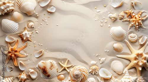 Seashell collection on sandy beach background