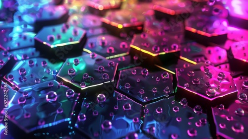 Colorful illuminated gaming dice on a hexagonal surface reflecting neon lights