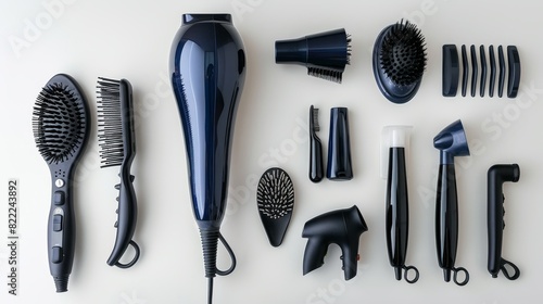 Close-up of a hair dryer with interchangeable attachments and accessories, including concentrator nozzles, diffusers, and styling brushes, isolated white background, studio lighting for advertising