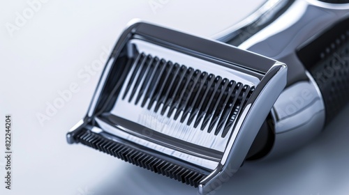 Close-up of electric hair clippers, isolated white background, studio lighting emphasizing the sleek design and efficiency, perfect for advertising
