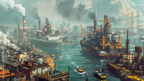 An industrial port with oil spills, and a clean port with electric ships.