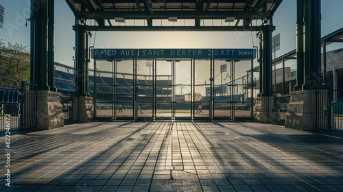 A serene image of a baseball stadium's entrance plaza, the gates closed, with no people and the name of the stadium elegantly displayed, ample copy space in the fa? section ade architecture.