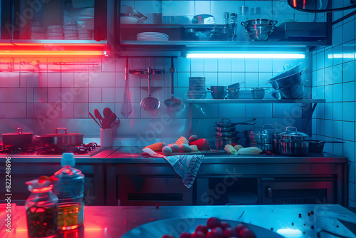 A dimly lit kitchen with red and blue neon lights. There are pots and pans on the stove and a variety of vegetables on the counter. The atmosphere is calm and inviting.