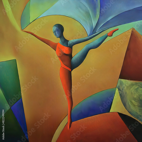 Abstract of a woman dancer doing a sprightly dance in a cubist world